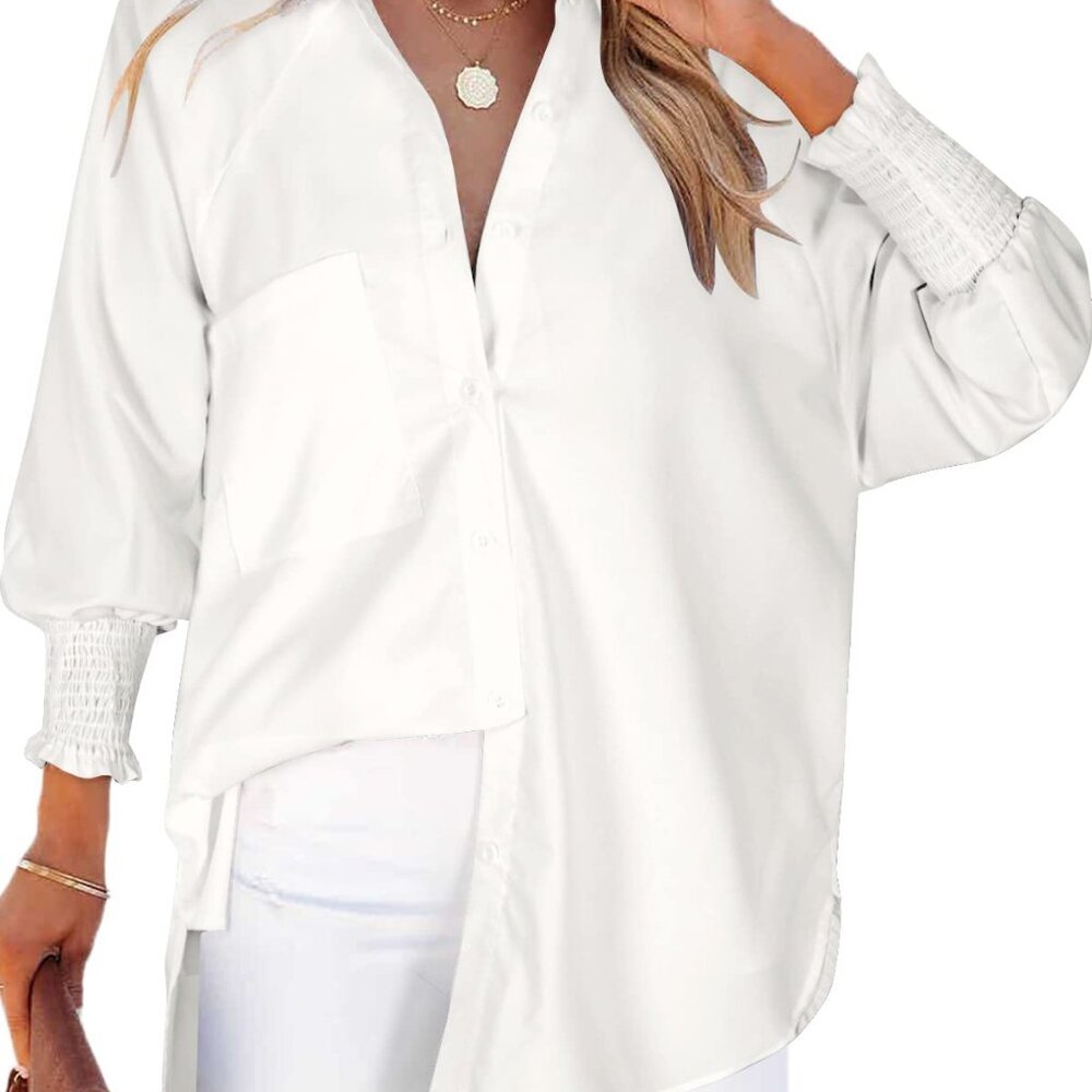 Oversized Button Down Blouse Smocked Cuff Y2k Chi… - image 1